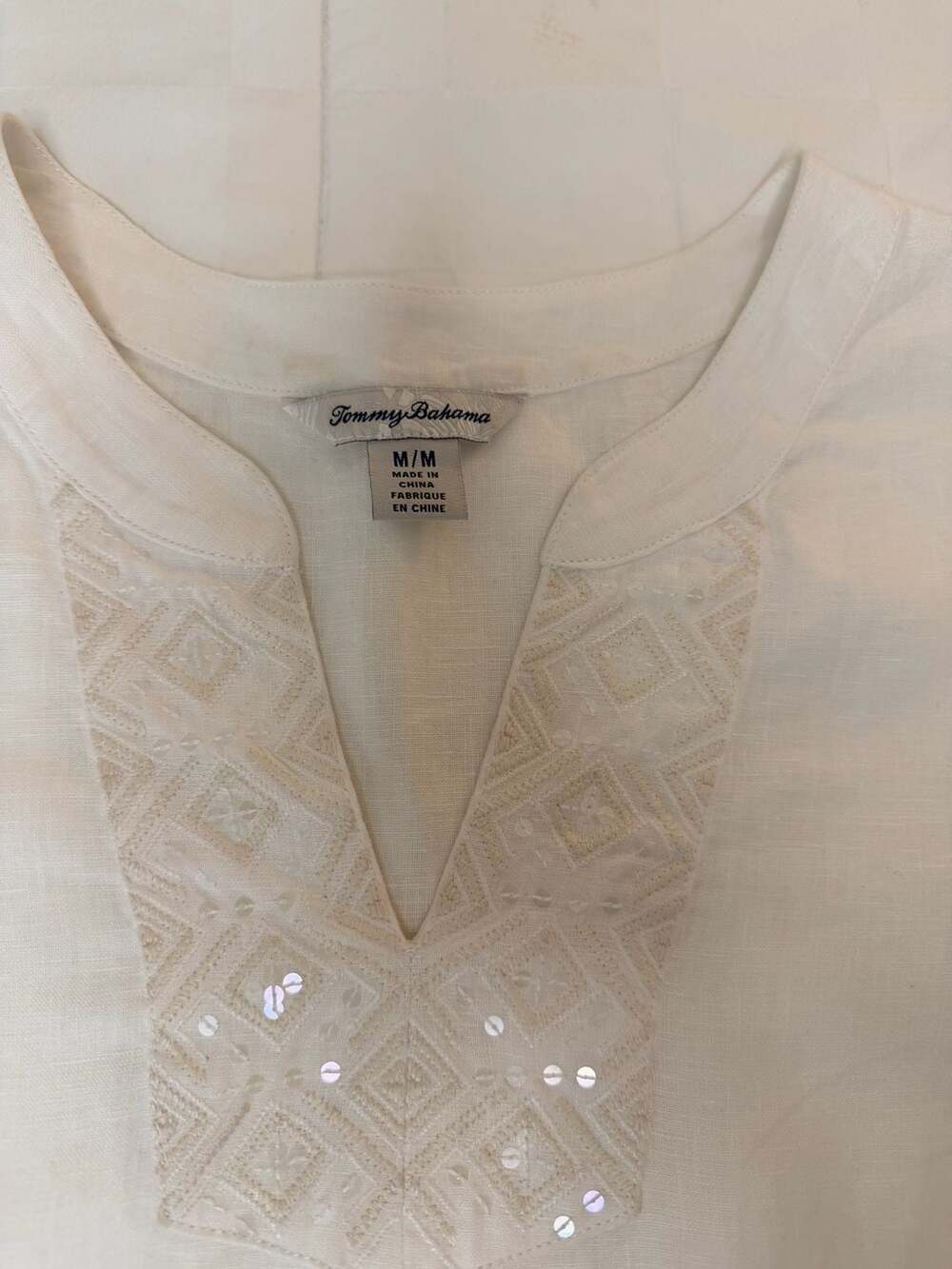 Tommy Bahama White Linen Embroidered Tunic Top Coastal Resort Beachy Size M - Picture 3 of 6